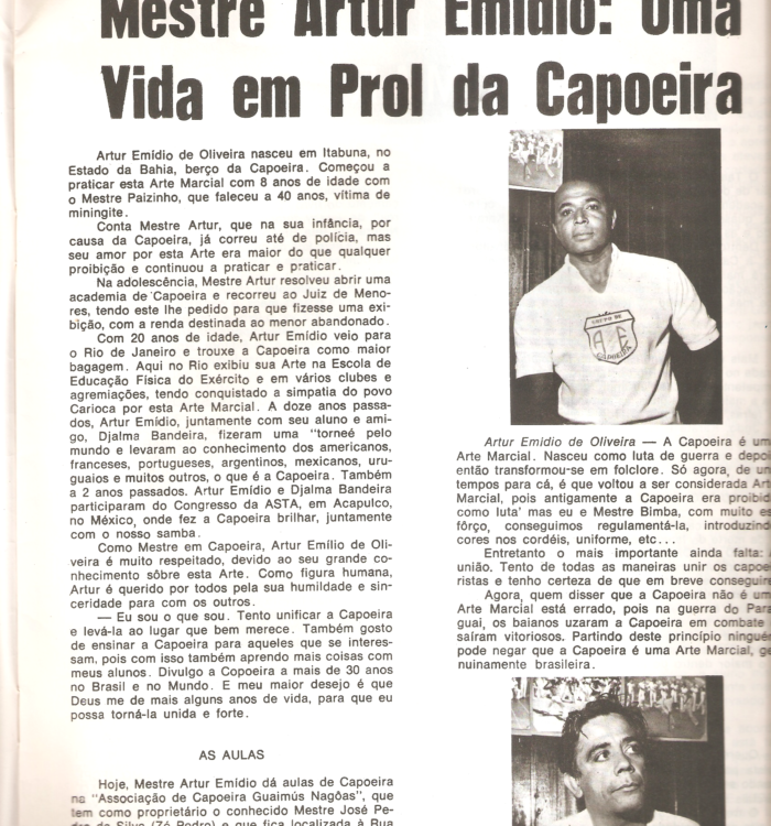 As fotos de Artur Emídio e Djalma Bandeira ilustram a matéria "Artur Emídio: uma vida em prol da capoeira". Acervo Paulão da Muzenza.